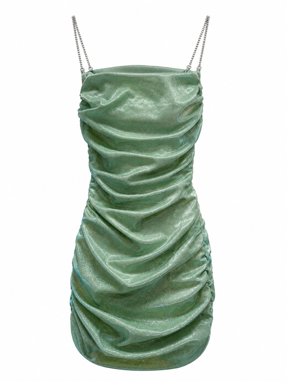 AKIRA Shimmery Mint Green Ruched Mini Dress with Chain Straps
